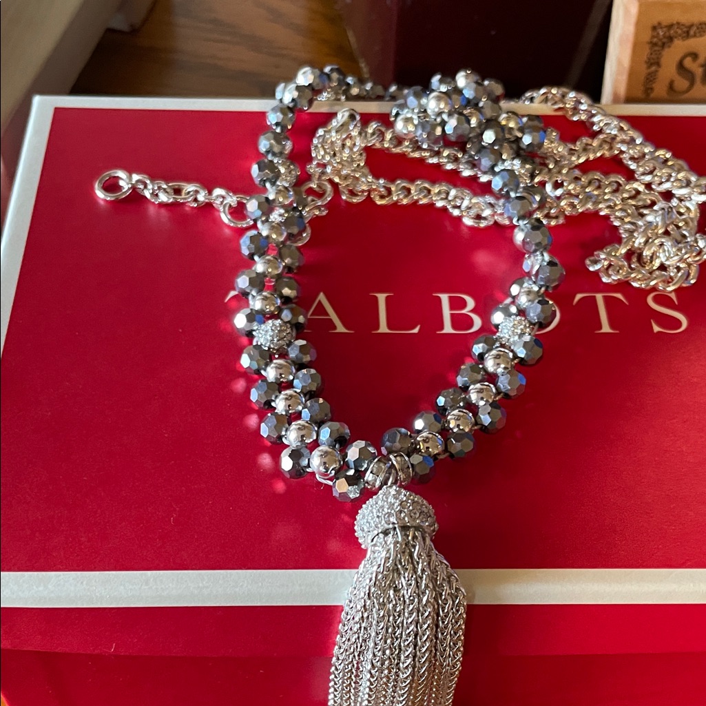 Talbots Silver And Gray Beaded Necklace With Tassel